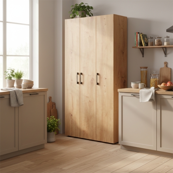 Bellamio 'Apol' Mehrzweckschrank, Eichenoptik, 176x33x90 cm, Putzschrank mit 3 Türen und 5 Regalen, Besenschrank mit Staubsaugerfach Bild 2