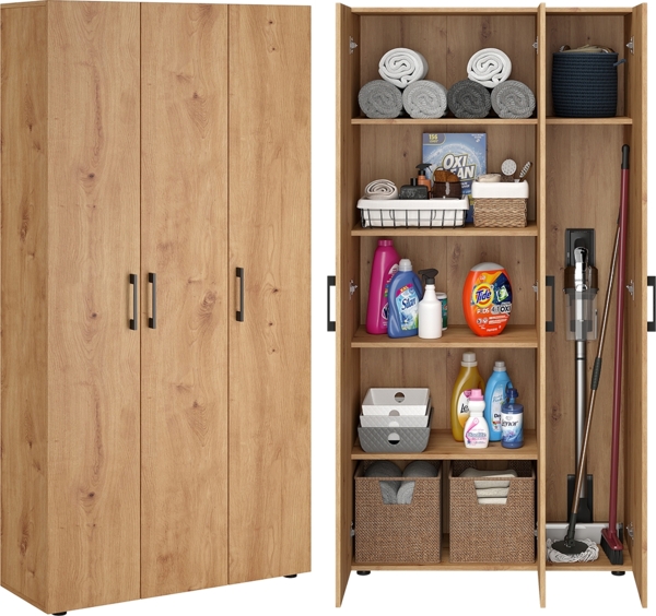 Bellamio 'Apol' Mehrzweckschrank, Eichenoptik, 176x33x90 cm, Putzschrank mit 3 Türen und 5 Regalen, Besenschrank mit Staubsaugerfach Bild 1