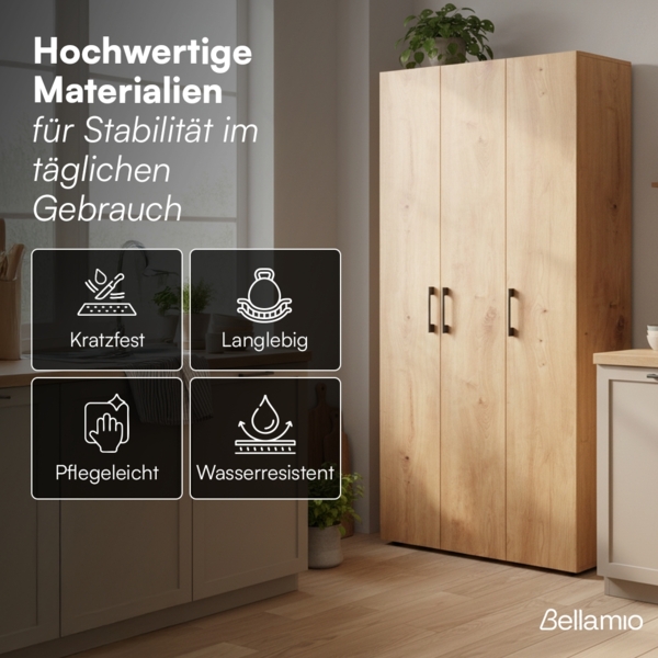 Bellamio 'Apol' Mehrzweckschrank, Eichenoptik, 176x33x90 cm, Putzschrank mit 3 Türen und 5 Regalen, Besenschrank mit Staubsaugerfach Bild 5