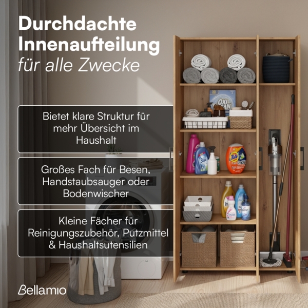 Bellamio 'Apol' Mehrzweckschrank, Eichenoptik, 176x33x90 cm, Putzschrank mit 3 Türen und 5 Regalen, Besenschrank mit Staubsaugerfach Bild 3