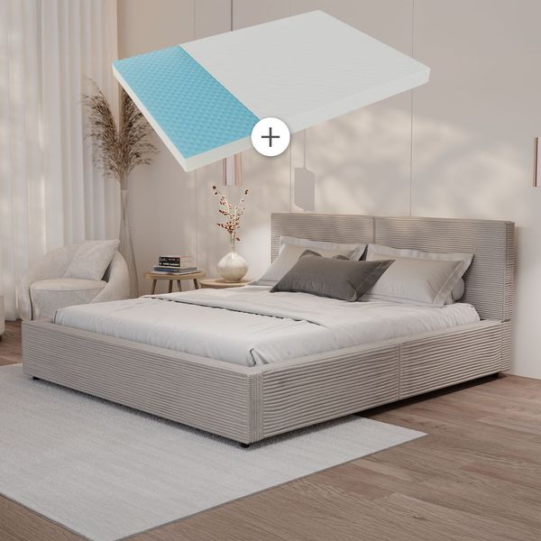 Juskys Polsterbett Salerno mit Matratze 180 x 200 cm – Cord Taupe, modernes Bett mit Kopf- & Fußteil, stabilem Holz- & Metallrahmen, Lattenrost, 500 kg Tragkraft