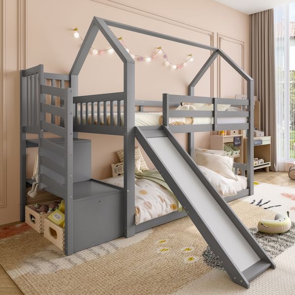 Merax Etagenbett 90x200cm, Hausbett, Kinderbett mit Stauraumtreppe und Rutsche, mit Geländer, Grau