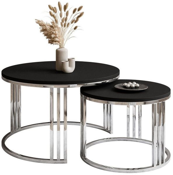 Lookway Couchtisch LORI 2in1 Schwarz Matt runder Couchtisch mit silber chrom gestell (2er Set), Durchmesser: ⌀70 cm und ⌀50 cm