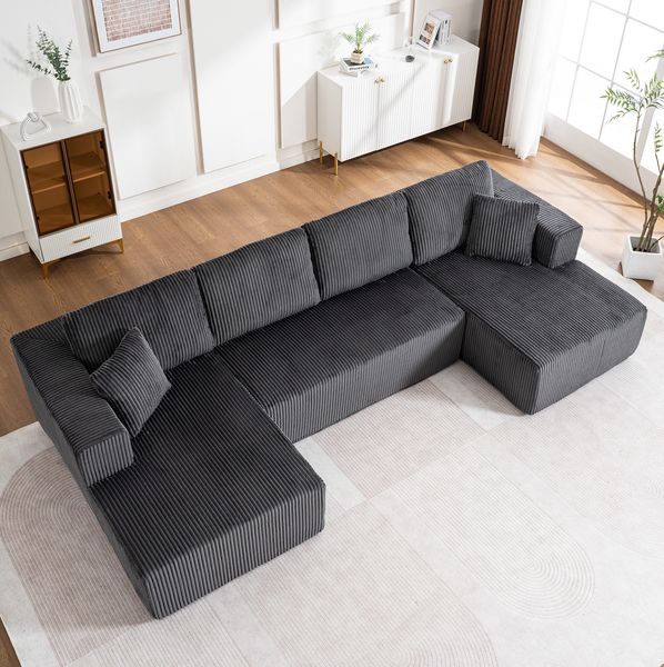 U-Sofa 332 x 156 x 88 cm in Grau – Cord-Sofa mit 6 Kissen, Schlafmöglichkeit und montagefreiem Design