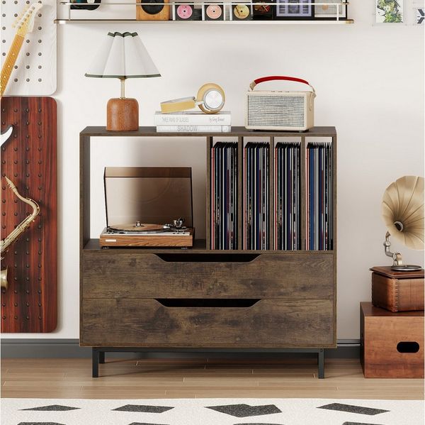 COSTWAY Sideboard, Plattenspielerständer mit 4 Vinyl-Fächern & 2 Schubladen