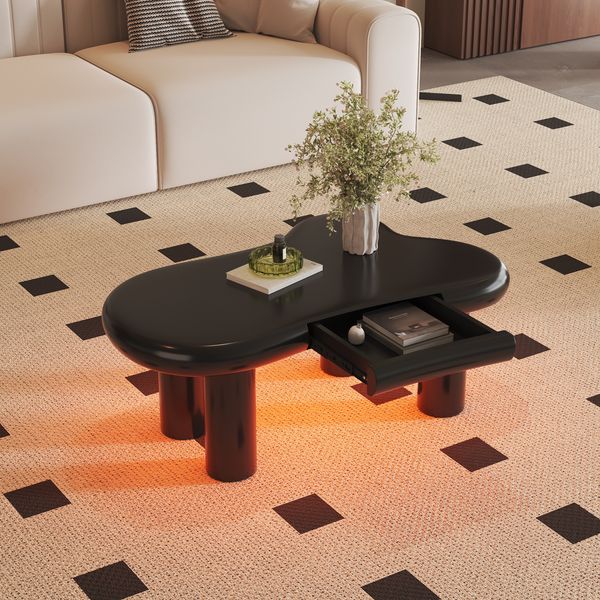 Merax Couchtisch in Wolkenform aus MDF mit 16-farbiger LED-Beleuchtung & Schublade – Moderner Wohnzimmertisch, mit Stauraum, Schwarz