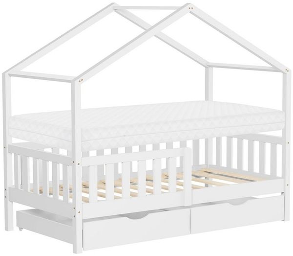 ML-DESIGN Spielbett Hausbett Kinderbett inkl. 2 Schubladen, Lattenrost und Rausfallschutz, Abenteuerbett 80x160cm mit Matratze Himmelbett Kiefer Jugendbett Weiß