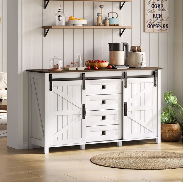 OKWISH Sideboard Küchenbuffet,Kommode (Vintage Sideboard mit Schiebetüren & 4 Schubladen – 137 cm, Weiß, Robustes MDF, Geräuscharme Schubladen, Stabil mit Kippschutz, Multifunktional für Küche, Esszimmer, Wohnzimmer), mit Schiebetüren und 4 Schubladen