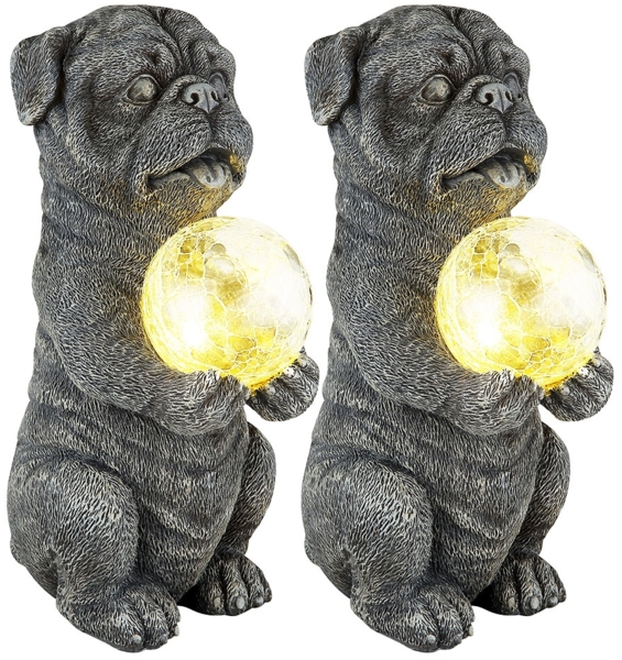 2er Set LED Solarleuchte, Hund mit Glaskugel, grau, H 29 cm