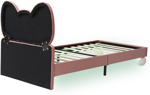 Kindereinzelbett 90×200 cm aus Samt-Stoff mit LED-Lichtleiste, beige-rosa Bild 8