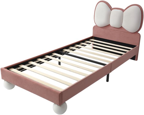 Kindereinzelbett 90×200 cm aus Samt-Stoff mit LED-Lichtleiste, beige-rosa Bild 6