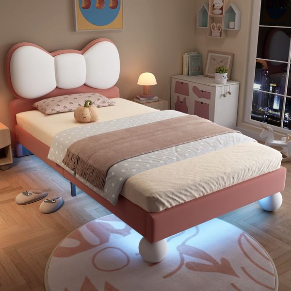 Kindereinzelbett 90×200 cm aus Samt-Stoff mit LED-Lichtleiste, beige-rosa