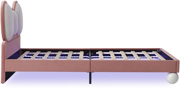 Kindereinzelbett 90×200 cm aus Samt-Stoff mit LED-Lichtleiste, beige-rosa Bild 7