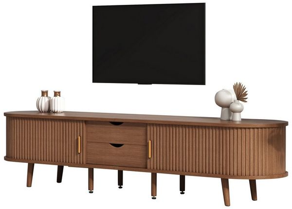Merax Lowboard mit Massivholzfüßen, Ovaler Fernsehschrank in Walnuss (1 St, 175x40x42 cm), TV-Schrank mit 2 Schubladen, Schiebetüren & verstellbaren Trennwänden