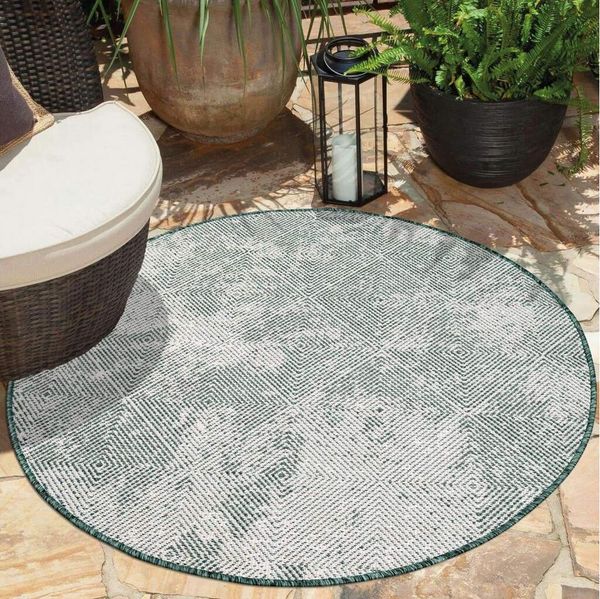 carpet city In- & Outdoor-Teppich Grün - Wendeteppich - 160 cm Rund - Rauten-Muster - Wetterbeständig für Balkon, Terrasse - Teppiche Modern Indoor Wohnzimmer, Küche