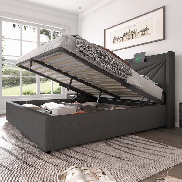 Polsterbett 160×200 cm mit Bettkasten & USB/Typ-C am Kopfteil, Grau