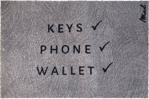 Mad about Mats Fußmatte Brick, Rechteckig, Türvorleger, Schmutzfangmatte, Outdoor und Indoor, Grau, mit Spruch "Keys Phone Wallet", nie wieder den Hausschlüssel vergessen, waschbar, rutschfest, 50x75 cm