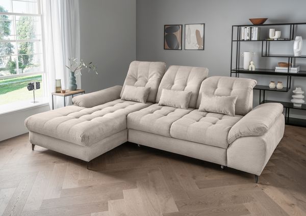 Polsterecke >Devland< Schlaffunktion, Kopfteilverstellung, Cord beige - 273x105x189cm BxHxT