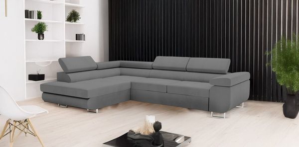 Goldstoff Ecksofa mit Schlaffunktion & Bettkasten - hochwertiges Sofa, Couch mit Schlaffunktion für Wohnzimmer - Schlafsofa - Eckcouch, Eckcouch mit praktischem Bettkasten in grau