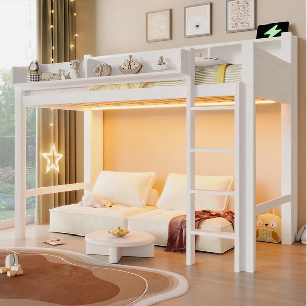 Flieks Hochbett Kinderbett 90x200 cm mit Ablagefächern, LED-Beleuchtung und Aufladen
