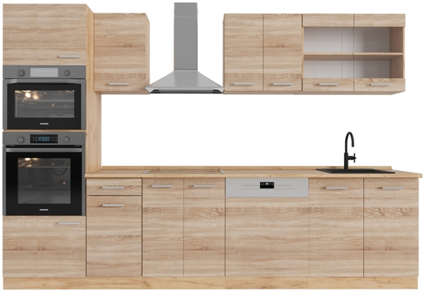 Küchenzeile R-Line Sonoma/Goldkraft Eiche 300 cm mit Hochschrank, ohne Arbeitsplatte Vicco