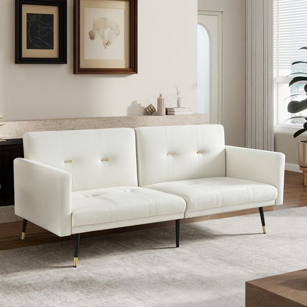 2-Sitzer Schlafsofa aus Samt mit verstellbaren Rückenlehnen, beige