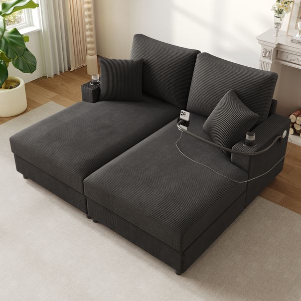 Sofa 163 x 140 x 82 cm Grau aus Cord mit Relaxfunktion, USB-/USB-C-Anschluss, Handyhalterung und Getränkehaltern