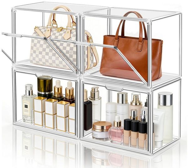 XERSEK Vitrine Transparent Displaybox mit Magnettür, Acryl Schaukasten Organizer (4 Set] 36×22×27cm Stapelfähig, Horizontal oder Vertical Platzierbar) Acryl-Vitrine für Figuren, Handtaschen, Spielzeug, Handwerk, Bücher