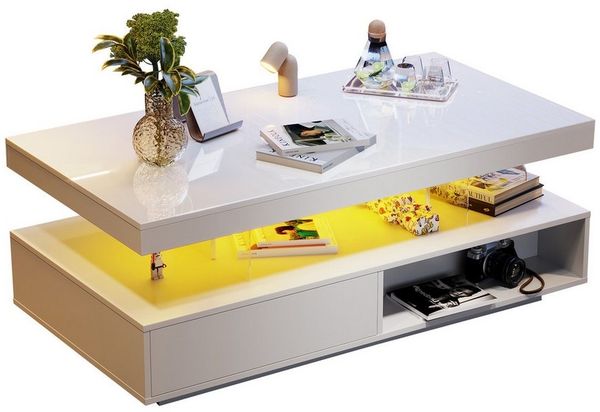REDOM Couchtisch Kaffeetisch Beistelltisch Sofatisch Wohnzimmertisch (Beistelltisch mit 2 Schubladen, 1-St, mit LED-Beleuchtung und hochglänzender Tischplatte), Wohnzimmertisch mit Glastrennwände