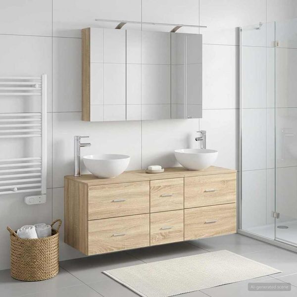 vidaXL Badezimmermöbel-Set 4 pcs Sonoma-Eiche Ingenieurholz und Glas 3406737