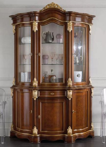 Casa Padrino Luxus Barock Vitrine Braun / Gold - Handgefertigter Vitrinenschrank mit 6 Türen und Schublade - Prunkvolle Barock Möbel - Luxus Qualität - Made in Italy