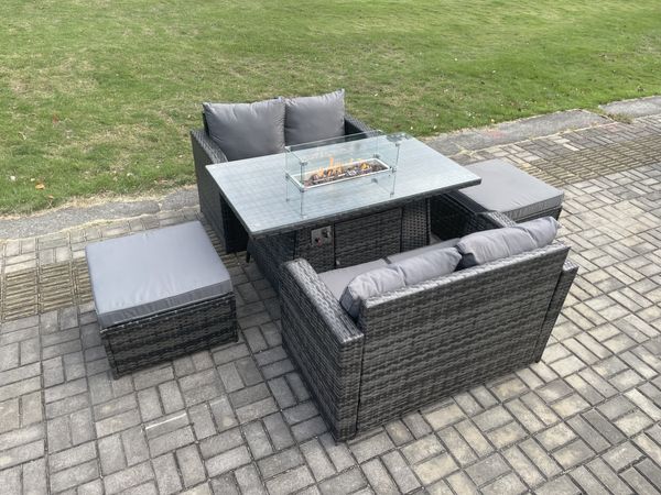 Fimous Rattan Gartenmöbel Set mit Gas Feuergrube Tisch 5 Stücke Indoor Outdoor Loveseat Sofa Set Dunkelgrau Gemischt