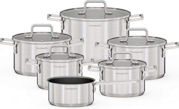 Hanseatic Topf-Set DAILY, mit Antihaftbeschichtung, Edelstahl 18/10 (Set, 11-tlg, Stielkasserolle 16 cm, Kochtopf 2x16/2x20/1x24 cm), für alle Herdarten, Induktion