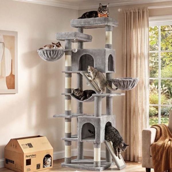 FEANDREA Kratzbaum XXL für Große Katzen mit 7 Ruhezonen und Sisal 55 x 45 x 205 cm Hellgrau