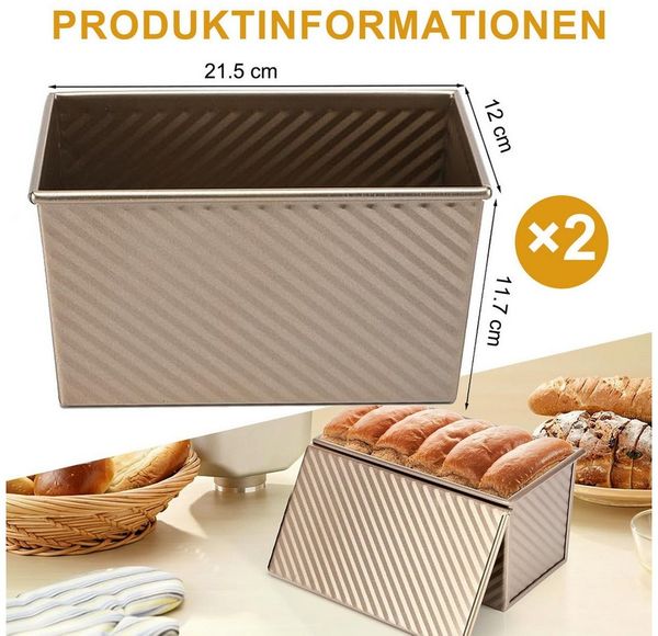 HEYHIPPO Brotbackform 2er-Set Toastbrotformen mit Deckel, Karbonstahl, Gold, antihaft, Toastbrot Kastenform mit Deckel, antihaft, langlebig, ideal für Kuchen