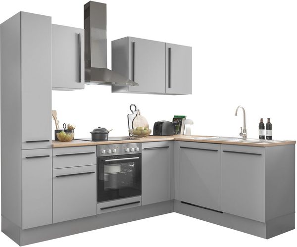 Denver Moderne Eckküche ohne Elektrogeräte in Grau, Lancelot Eiche Optik - Geräumige Küchenzeile in L-Form mit viel Stauraum - 250 x 211 x 60 cm (B/H/T)