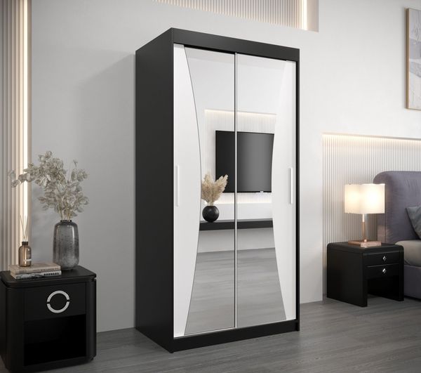 MOEBLO Schiebetürenschrank MEGRA (mit Spiegel, mit/ ohne Schubladen, Schwebetürenschrank Schrank Garderobe Schiebtüren Schlafzimmer Wohnzimmerschrank) (BxHxT):100/120/150/180/200/250 x 200 x 62 cm