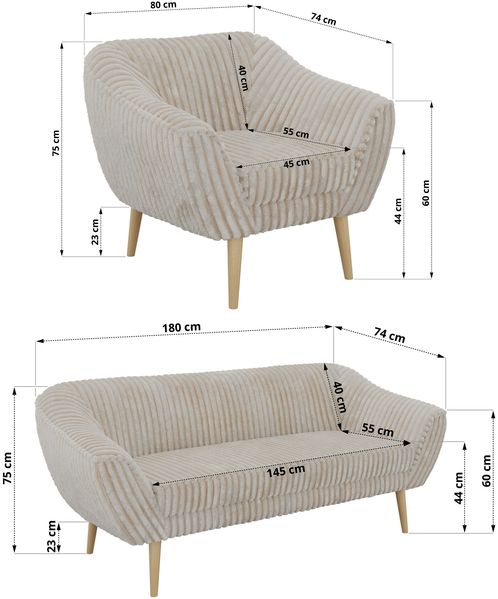 Wohnzimmerset, Möbelset PIRS 3-3-1, Armlehnen, Wellenfederung, Buche Füße, Dreisitzer Sofas mit Sessel, Polstermöbel Set - Beige Cord Bild 5