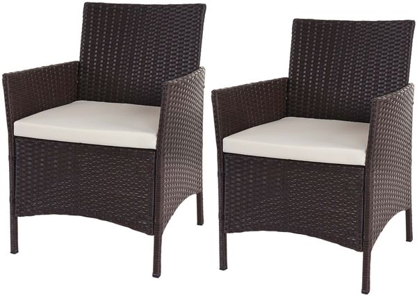2er-Set Poly-Rattan Gartensessel Halden, Korbsessel ~ braun-meliert, Kissen creme