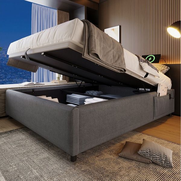 REDOM Polsterbett Ohne Kopfteil (Funktionsbett, Struraumbett Hydraulisch mit Bettkasten, 2-tlg, 160x200 cm, mit Matratze), mit USB- C, Seitentasche und Vollflächiger Lattenrost