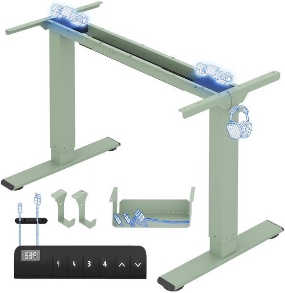 FLEXISPOT Höhenverstellbarer Schreibtisch Gestell, Elektrisch Tischbeine mit 2 Motoren & LED-Höhenanzeige & 4 Speicherfunktionen, inkl. 2 Haken & Kabelmanagement, Minzgrün