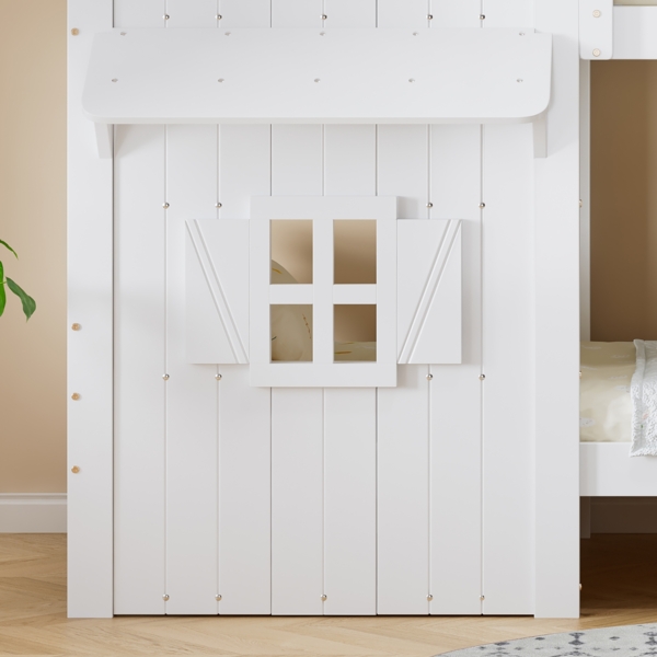 Kinder Etagenbett 90x200 Weiß mit Fenster & Dach, Sicherheitsgeländer, Leiter, Hochbett Kinderbett Bild 6