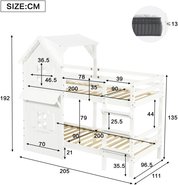Kinder Etagenbett 90x200 Weiß mit Fenster & Dach, Sicherheitsgeländer, Leiter, Hochbett Kinderbett Bild 9