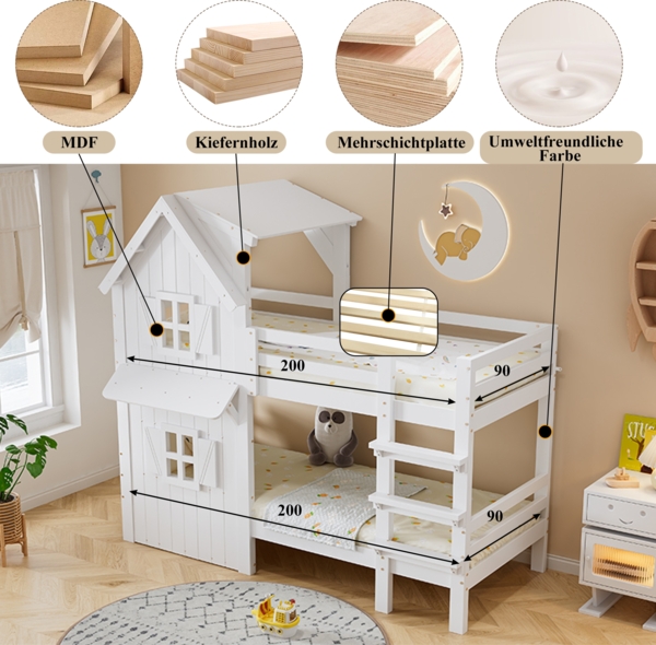 Kinder Etagenbett 90x200 Weiß mit Fenster & Dach, Sicherheitsgeländer, Leiter, Hochbett Kinderbett Bild 7