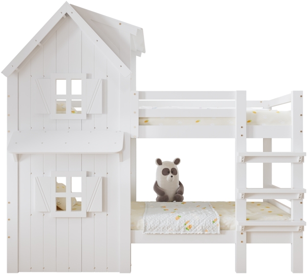 Kinder Etagenbett 90x200 Weiß mit Fenster & Dach, Sicherheitsgeländer, Leiter, Hochbett Kinderbett Bild 10