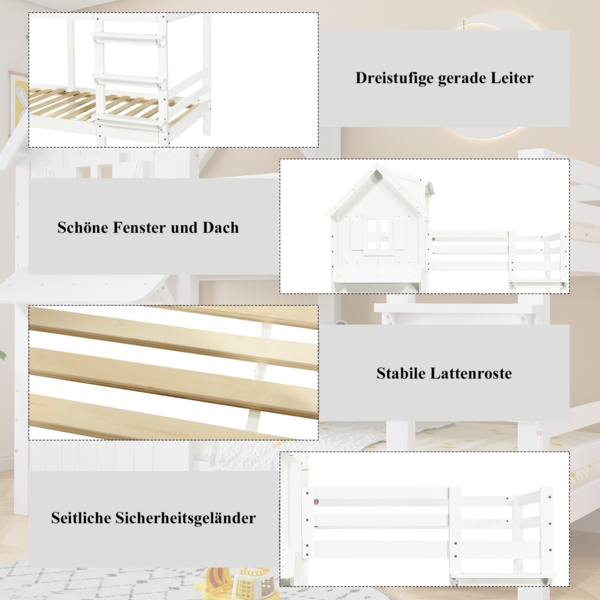 Kinder Etagenbett 90x200 Weiß mit Fenster & Dach, Sicherheitsgeländer, Leiter, Hochbett Kinderbett Bild 8