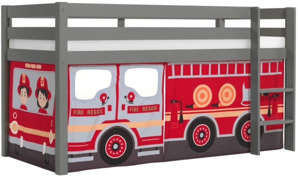 Kinderbett Karolina 210x114x106 Massivholz Grau Textilset Feuerwehr