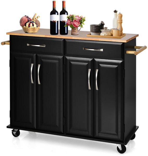 Rollender Kücheninselwagen mit Arbeitsplatte aus Gummiholz 4-türiger Servierwagen 122 x 48 x 92,5 cm Schwarz