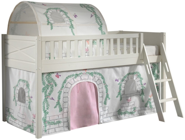 Kinderbett Karyl 208x114x135 Massivholz Weiß Textilset Birdy 2