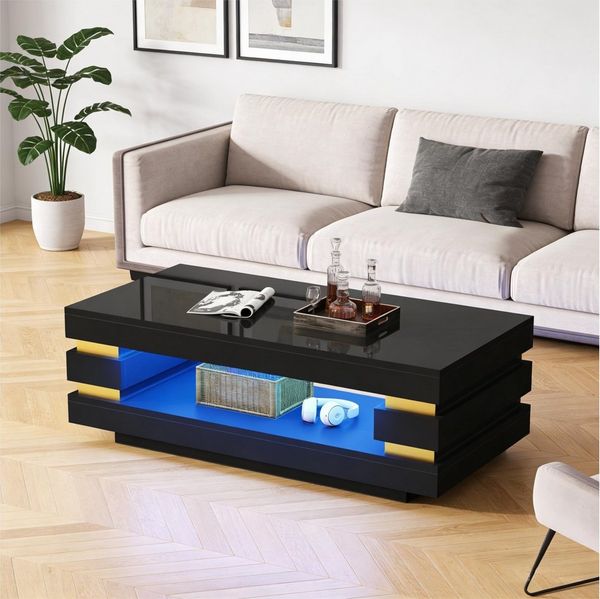 STILVORA Couchtisch Wohnzimmertisch mit ausgehöhlter hochglänzender Sofatisch mit LED (100×50×35 cm, Hochglanz, Spanplatte, Weiß, freistehend), LED-Lichtleiste, offenes Mittelfach, ideal für kleine Räume